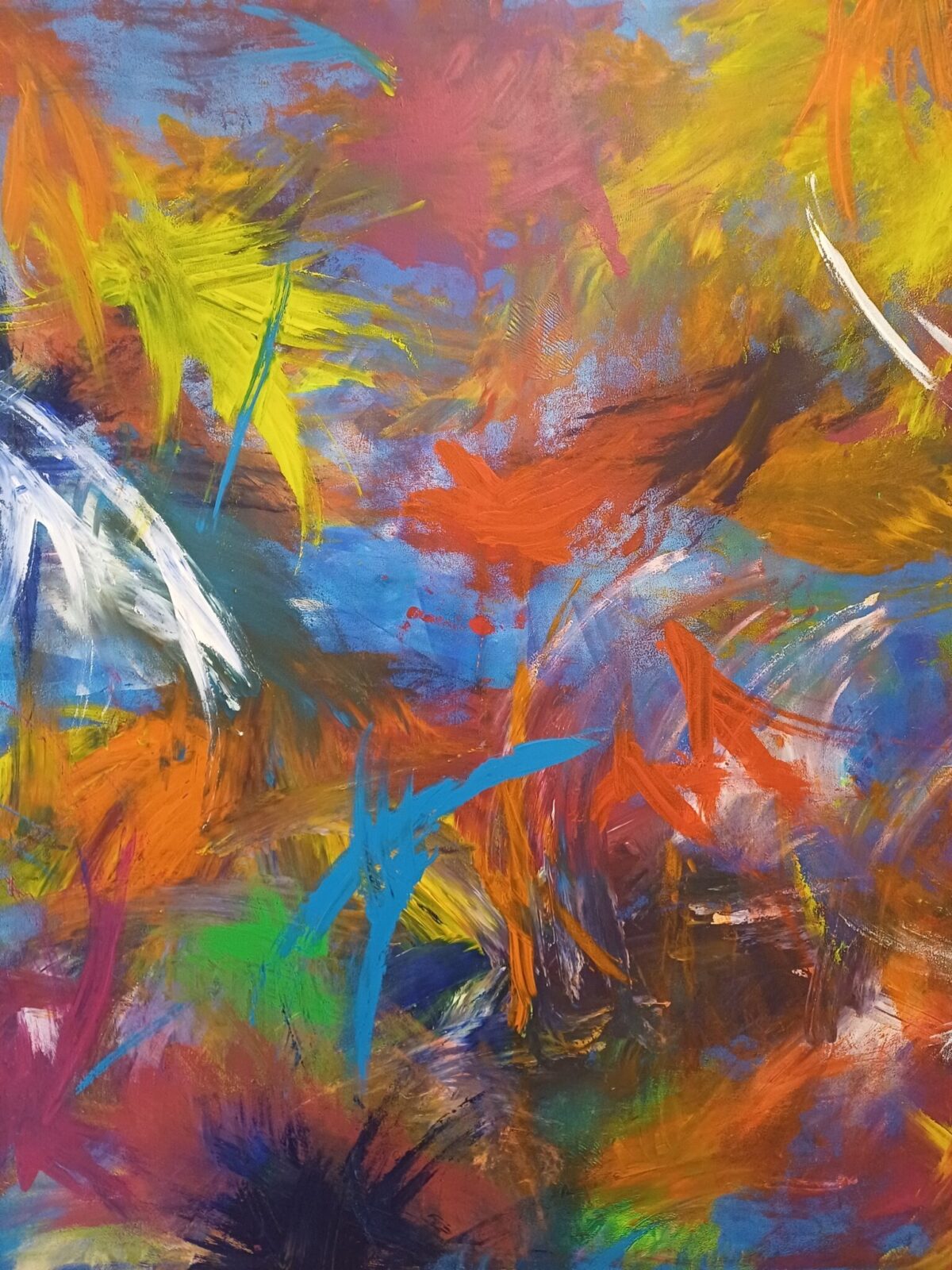 Buntes abstraktes Kunstwerk mit lebendigen Farben und dynamischen Pinselstrichen.