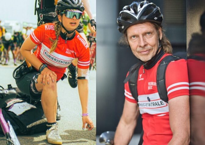 Zwei Radfahrer mit Helm und roter Kleidung in verschiedenen Posen.